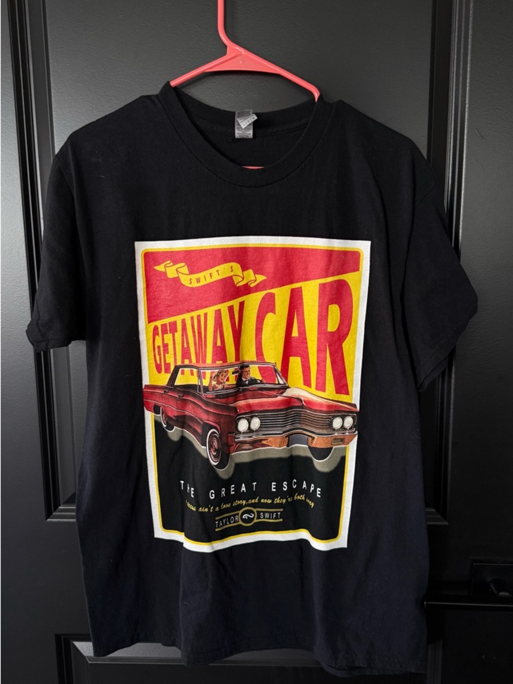 Gildan Black Short Sleeve Tee with Red and Yellow Retro Car Graphic